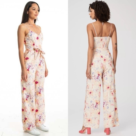 PAIGE X LIBERTY Floral Linen Sleeveless Belted Tie Neck Wide Leg Jumpsuit 4 - Picture 7 of 13